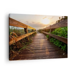 Lærredstryk - Billede på lærred - Træbro, der fører til stranden ved solnedgang - 70x50cm - Og direkte til kysten - Moderne vægdekoration til stue og soveværelse ARTTOR