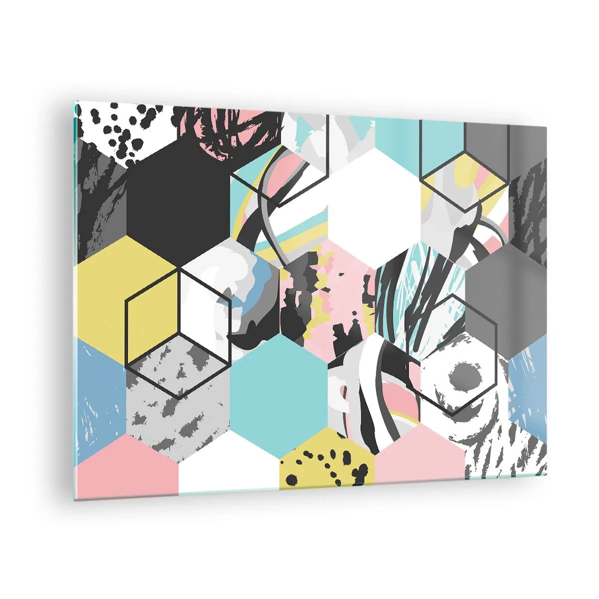 Billede på glas - Farverige terninger og sekskanter i en moderne komposition - 70x50cm - Sekskanter og terninger i seks farver - Moderne vægdekoration til stue og soveværelse ARTTOR