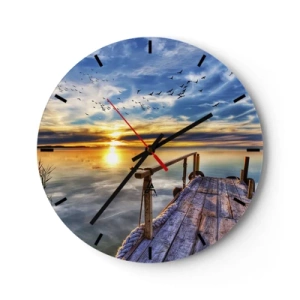 Vægur, Uret - Træbro over søen ved solnedgang - 30x30cm - Vinden går til ro - Moderne vægdekoration til stue, køkken og soveværelse ARTTOR