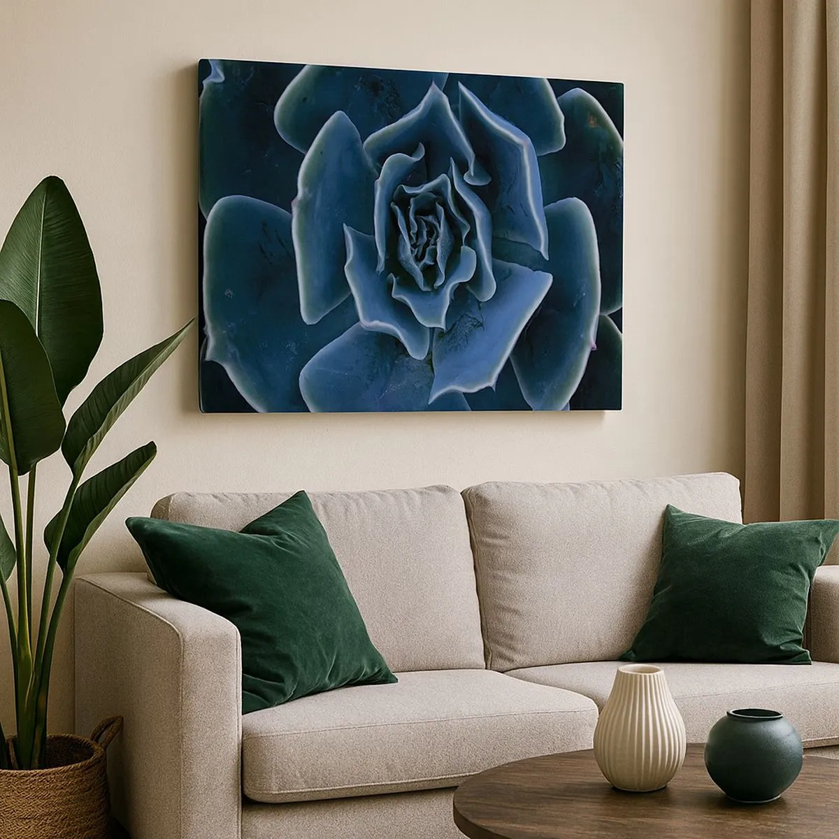 Lærredstryk - Billede på lærred - Nærbillede af en grøn sukkulentroset - 70x50cm - Ørkenblomst - Moderne vægdekoration til stue og soveværelse ARTTOR