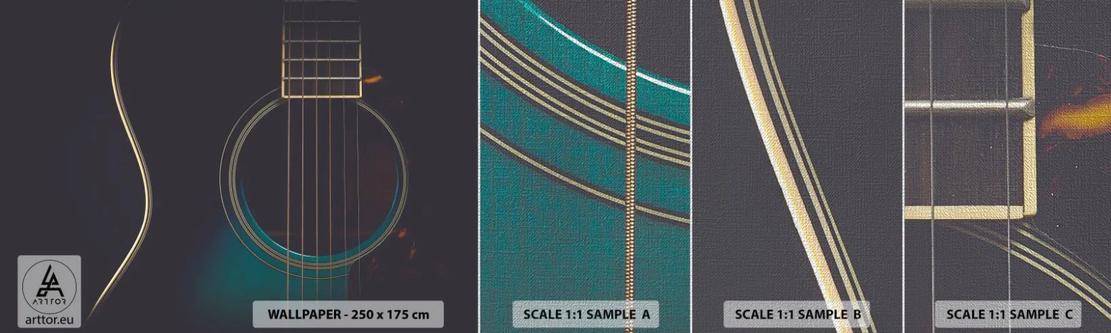 Prøve Fototapet Premium Canvas - Et øjeblik før det lyder - Guitar, musik, Strenge - 100x30 cm