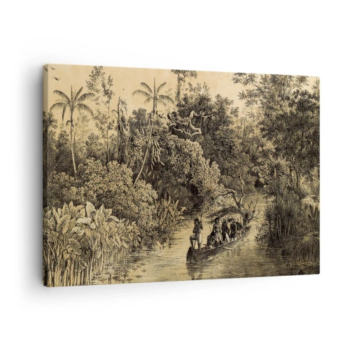 Lærredstryk - Billede på lærred - Tegning af en jungle med en båd på en flod - 70x50cm - Rejsen til kilden - Moderne vægdekoration til stue og soveværelse ARTTOR