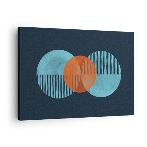 Lærredstryk - Billede på lærred - Geometriske cirkler i nuancer af blå og orange - 70x50cm - Symmetrisk sammensætning - Moderne vægdekoration til stue og soveværelse ARTTOR