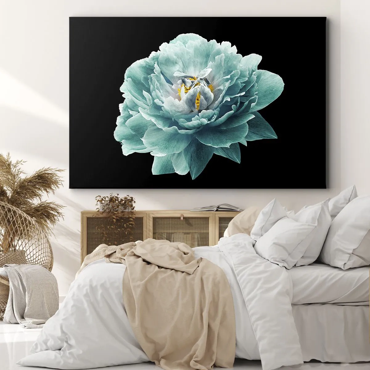 Lærredstryk - Billede på lærred - Blå og gyldne kronblade - 100x70 cm