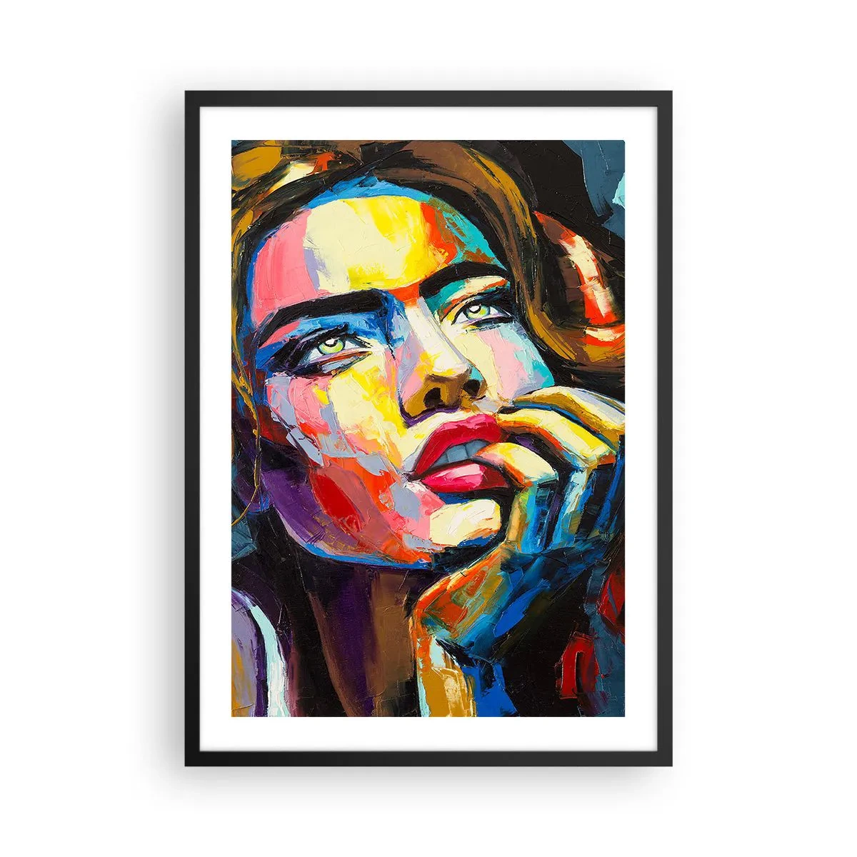 Plakat i sort ramme - Et slående, farverigt portræt af en kvinde i en udtryksfuld stil. - 50x70cm - Drømme som fugle svæver gennem himlen - Moderne vægdekoration til stue og soveværelse ARTTOR