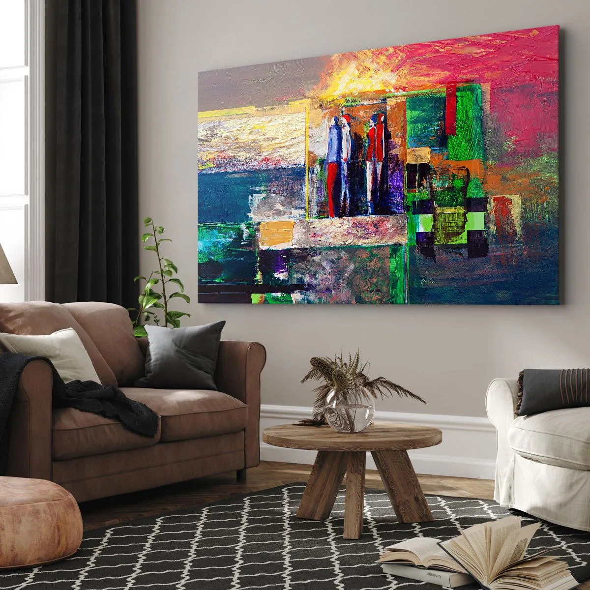 Lærredstryk - Billede på lærred - Abstrakt komposition med figurer og geometriske mønstre - 70x50cm - Forhold og følelser - Moderne vægdekoration til stue og soveværelse ARTTOR