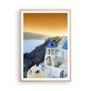 Plakat i ramme af lyst egetræ - Santorini - omfavnet af klipperne - 70x100 cm