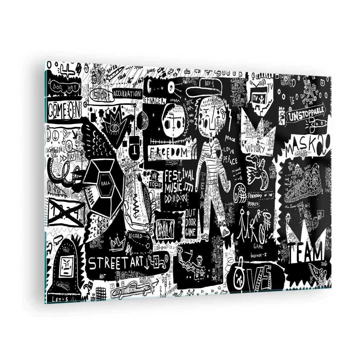 Billede på glas - Sort-hvid street art-grafik i stil med figurer og symboler - 70x50cm - Den åndelige ungdom med lov og glæde - Moderne vægdekoration til stue og soveværelse ARTTOR