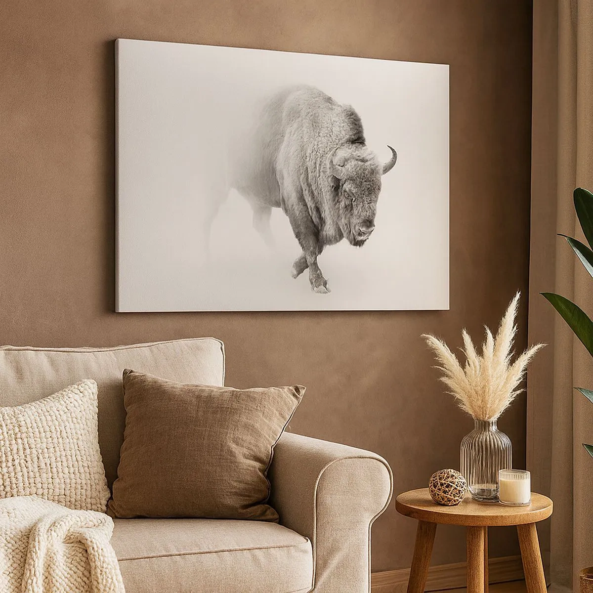 Lærredstryk - Billede på lærred - Hvid bison i minimalistiske omgivelser - 70x50cm - Kongen af prærien - Moderne vægdekoration til stue og soveværelse ARTTOR