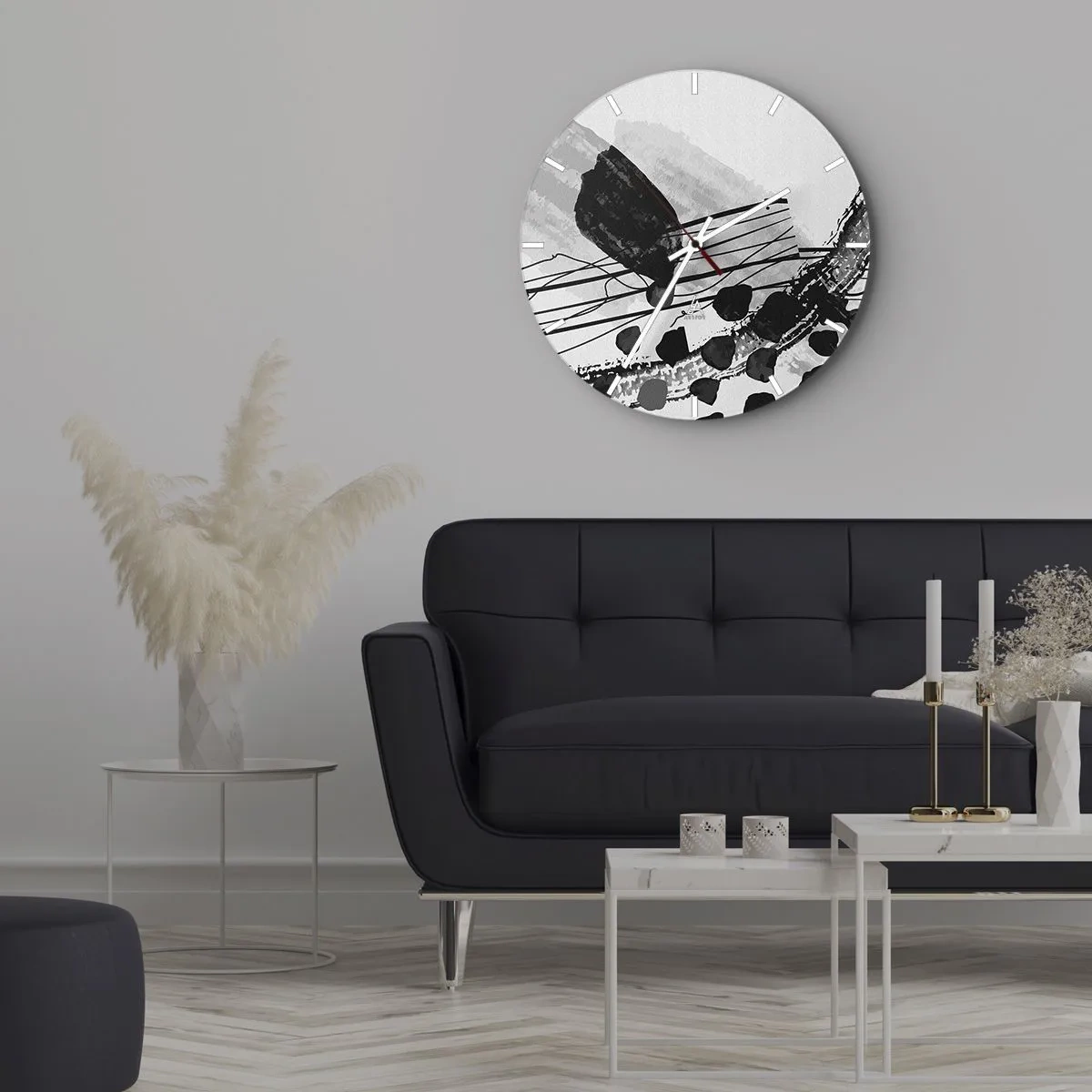 Vægur, Uret - Sort-hvide abstrakte former og linjer på en lys baggrund - 30x30cm - Sort og hvid organisk abstraktion - Moderne vægdekoration til stue, køkken og soveværelse ARTTOR