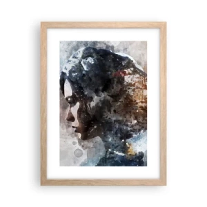 Plakat i ramme af lyst egetræ - Historien om en pige med en by i baggrunden - 30x40 cm