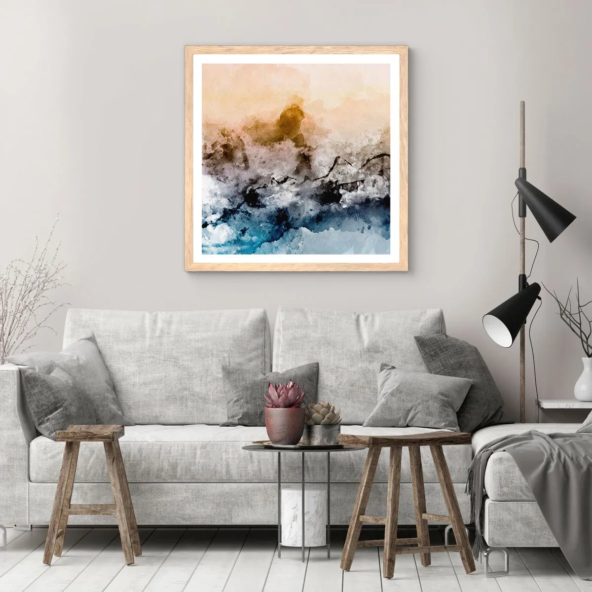 Plakat i ramme af lyst egetræ - Sænket i en tågesvirvel - 40x40 cm
