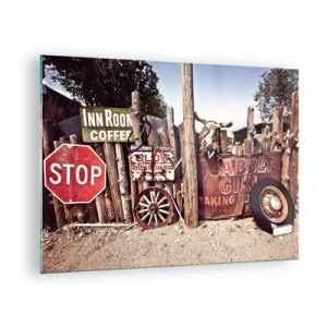 Billede på glas - Træhegn med vintageskilte og hjul - 70x50cm - Og tiden er stoppet - Moderne vægdekoration til stue og soveværelse ARTTOR