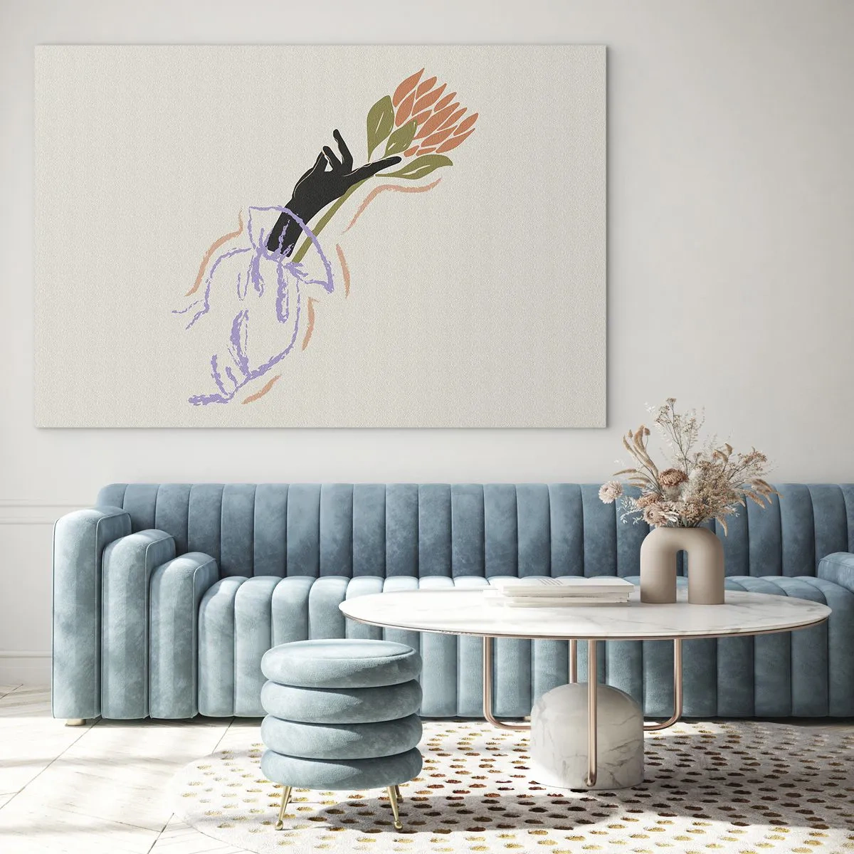 Billede på glas - En stiliseret hånd med en blomsterbuket tegnet med pastelfarvede linjer. - 70x50cm - En søsterlig berøring - Moderne vægdekoration til stue og soveværelse ARTTOR