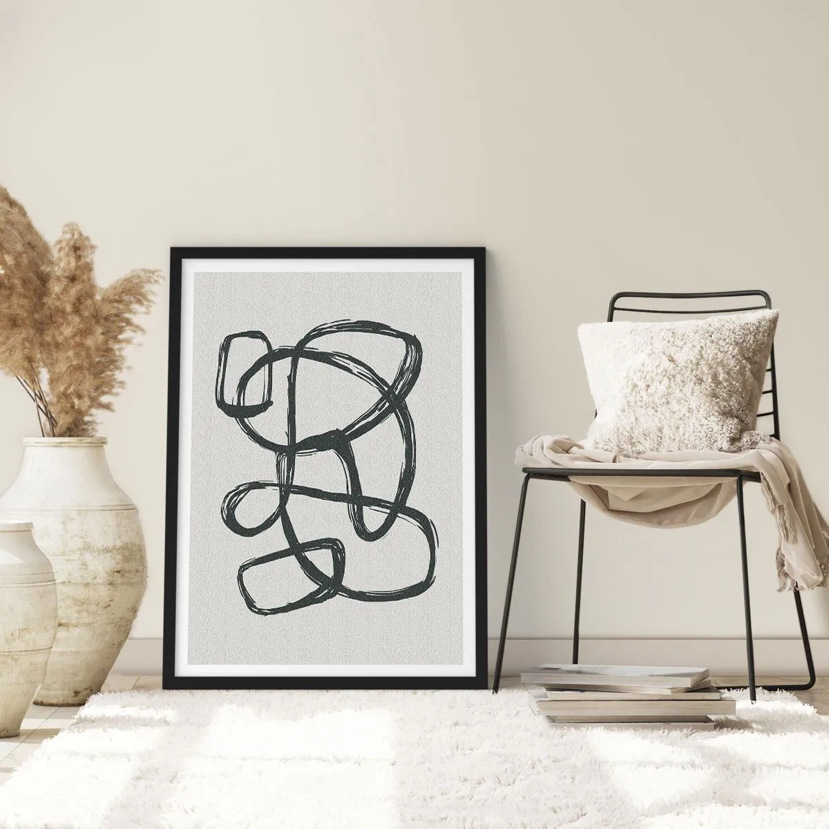 Plakat i sort ramme - Abstrakt sort linje på en lys baggrund - 50x70cm - Loopet abstraktion - Moderne vægdekoration til stue og soveværelse ARTTOR
