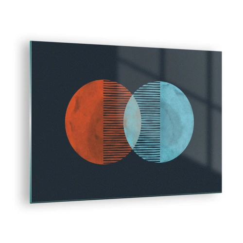 Billede på glas - To krydsende farverige planeter med et geometrisk mønster - 70x50cm - Astronomisk fantasi - Moderne vægdekoration til stue og soveværelse ARTTOR