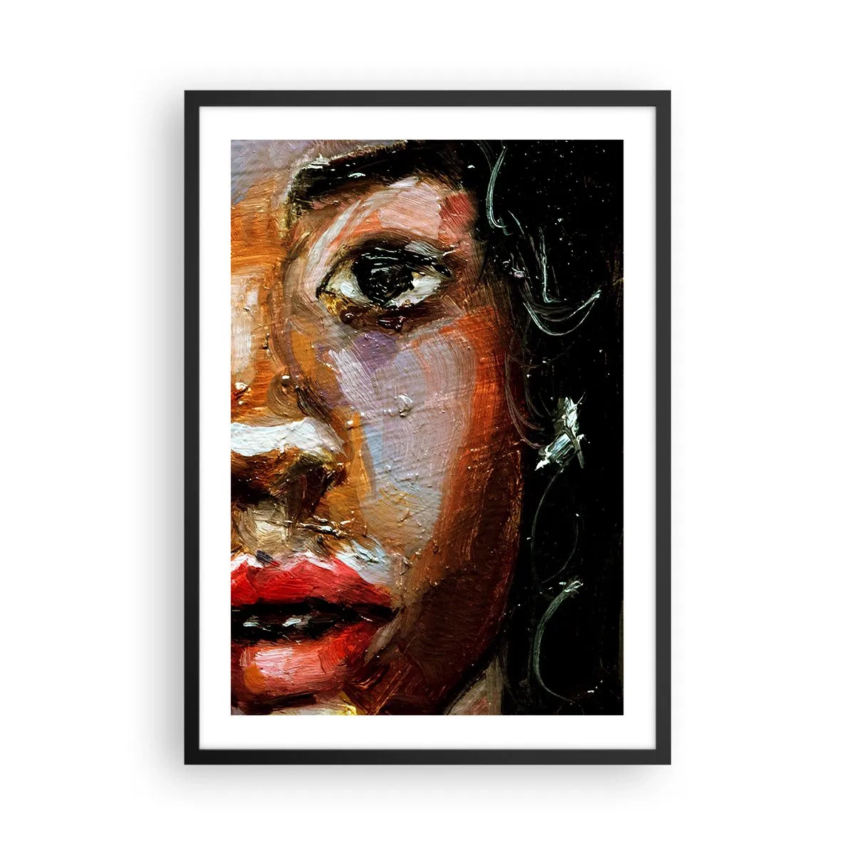 Plakat i sort ramme - Et abstrakt portræt af en kvinde i intense farver med et udtryksfuldt øje. - 50x70cm - Sort og glitter - Moderne vægdekoration til stue og soveværelse ARTTOR