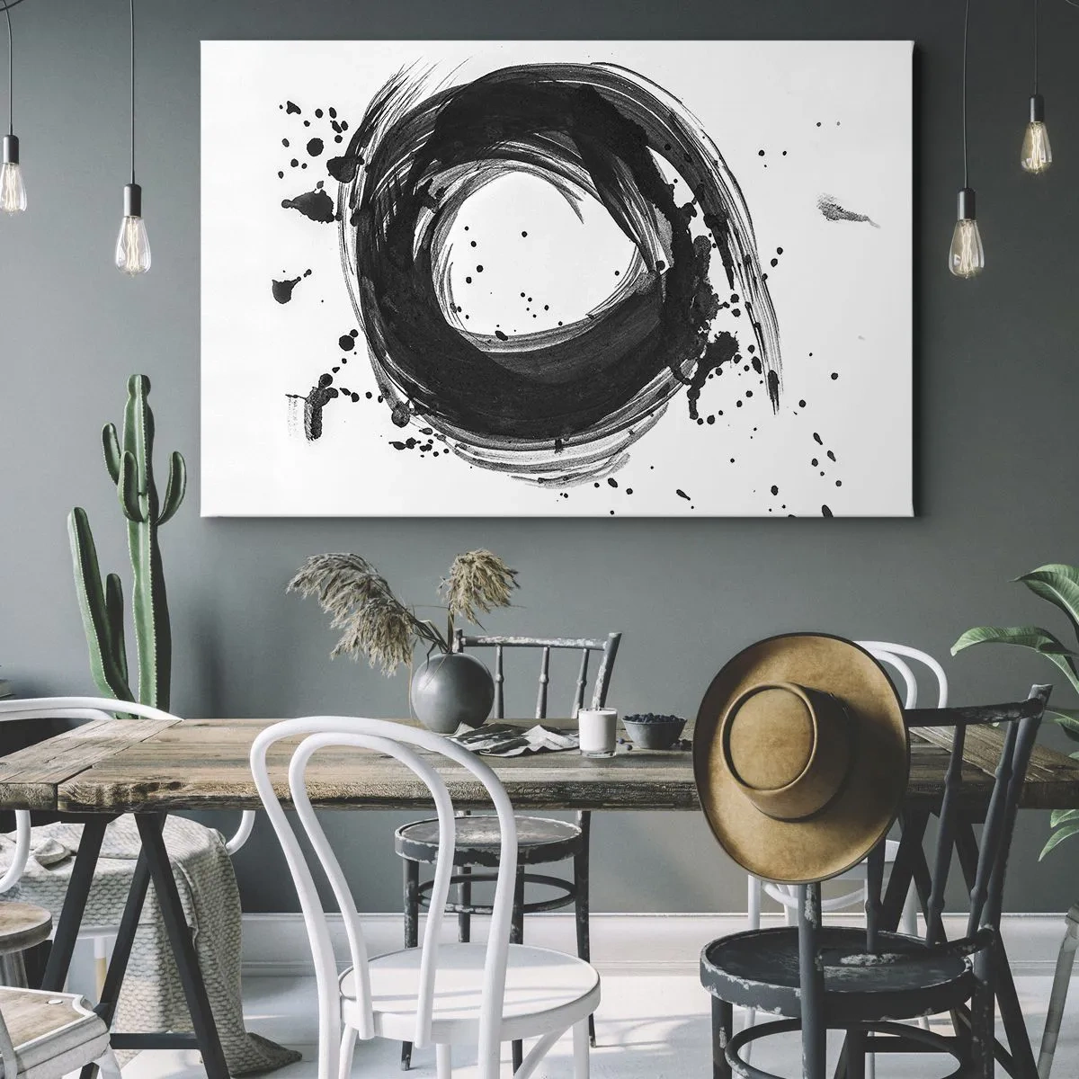 Lærredstryk - Billede på lærred - Sort abstraktion i form af en cirkel på en hvid baggrund - 70x50cm - Skabelsens hvirvelstrøm - Moderne vægdekoration til stue og soveværelse ARTTOR