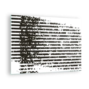 Billede på glas - Sorte og hvide vandrette linjer med støj- og slideffekter - 70x50cm - Rytme og støj - Moderne vægdekoration til stue og soveværelse ARTTOR