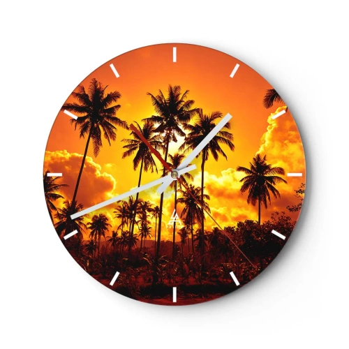 Vægur, Uret - Palmer mod baggrunden af den nedgående sol - 30x30cm - Bjerge brænder, skove brænder - Moderne vægdekoration til stue, køkken og soveværelse ARTTOR