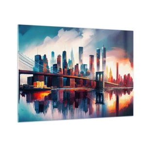Billede på glas - Panorama af byen med en bro mod den farverige himmel og refleksion i vandet - 70x50cm - Fænomenale New York - Moderne vægdekoration til stue og soveværelse ARTTOR