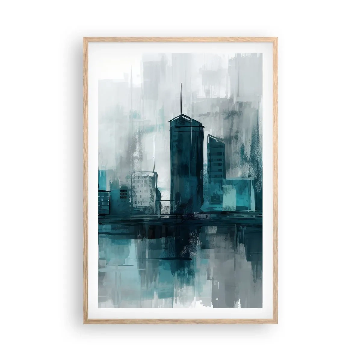 Plakat i ramme af lyst egetræ - Regnfarvet by - 61x91 cm