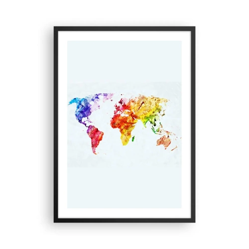 Plakat i sort ramme - Farverigt akvarel verdenskort - 50x70cm - Alle verdens farver - Moderne vægdekoration til stue og soveværelse ARTTOR