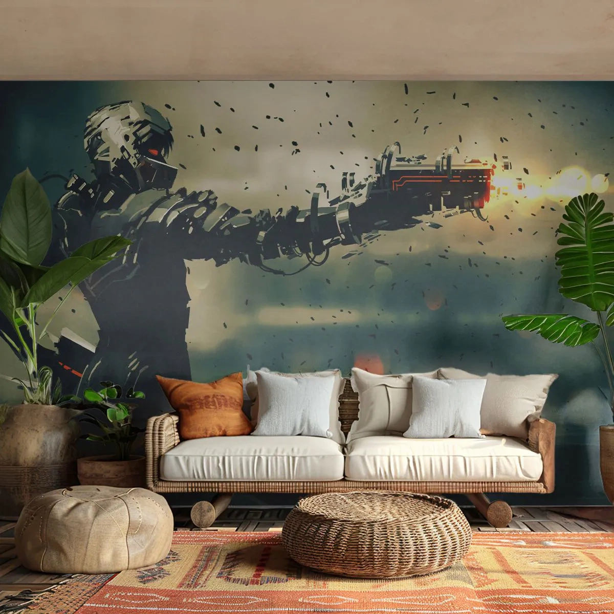 Fototapet Standard Eco - Kybernetisk kriger med en pistol i en futuristisk verden - 100x70cm - Dødeligt våben - din helt egen Terminator - Moderne vægdekoration til stue og soveværelse ARTTOR