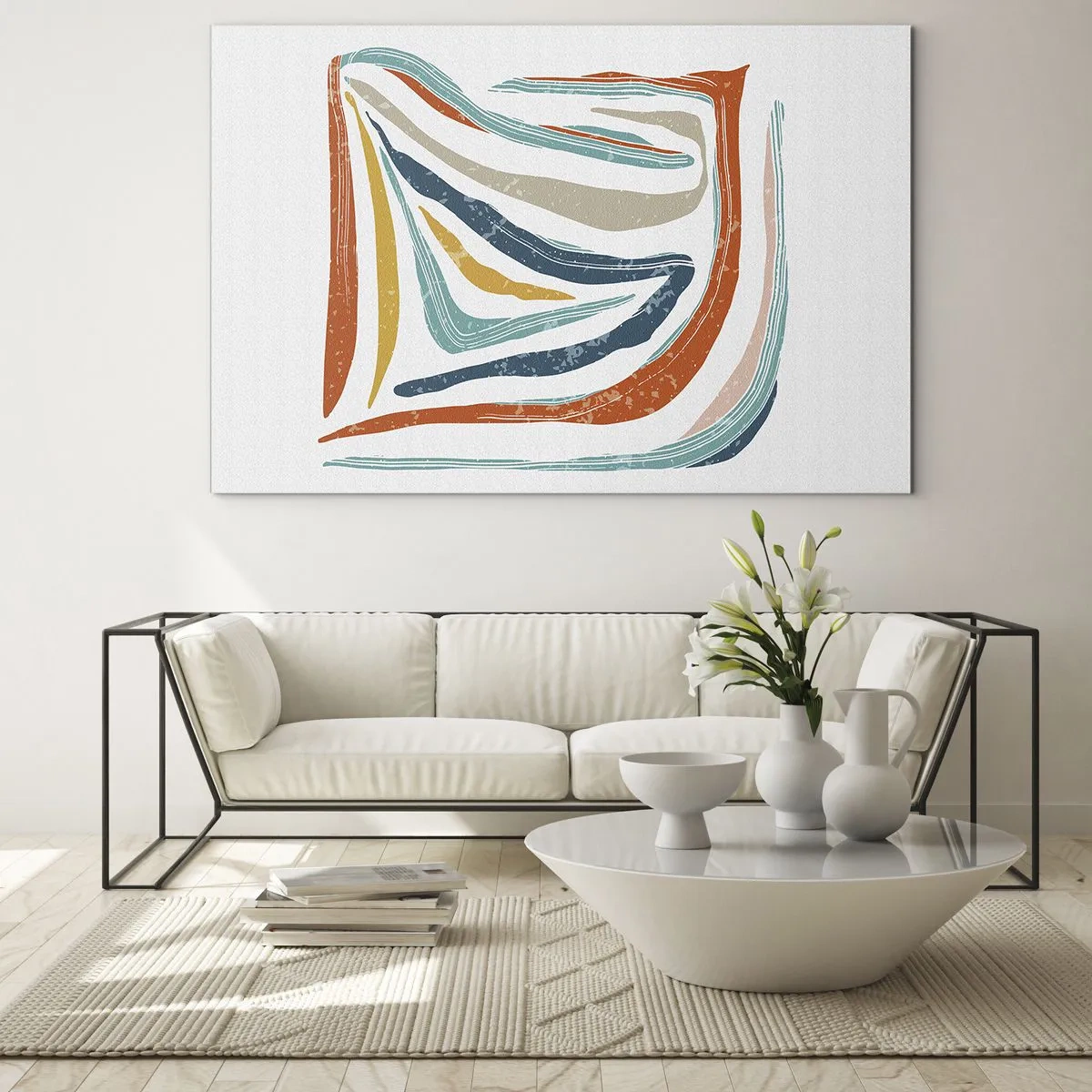 Billede på glas - Farverige striber skaber en dynamisk abstraktion på en hvid baggrund - 70x50cm - Venligt smilende abstraktion - Moderne vægdekoration til stue og soveværelse ARTTOR