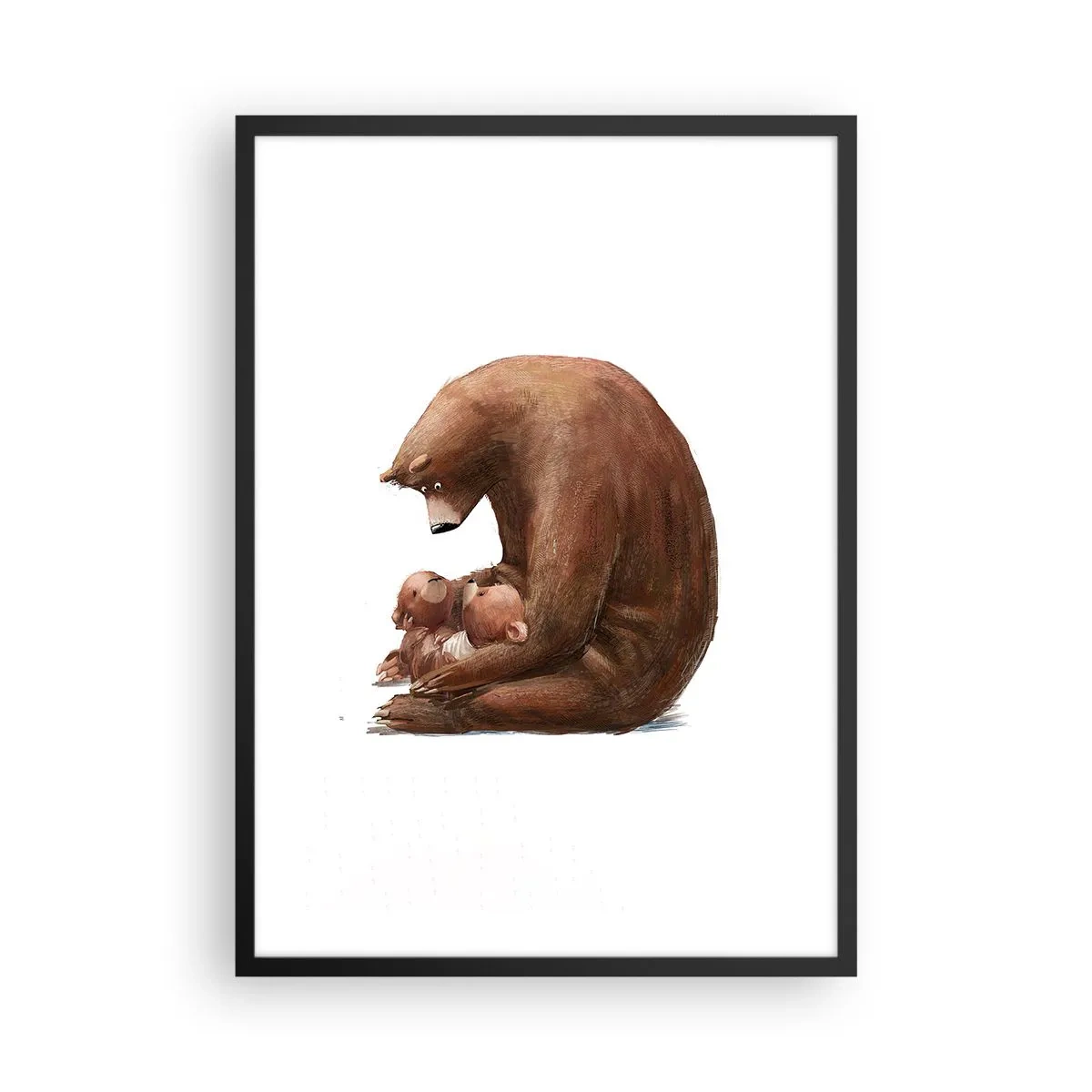 Plakat i sort ramme - Morbjørn krammer to små bjørne i en hjertelig omfavnelse - 50x70cm - Drøm sødt, børn - Moderne vægdekoration til stue og soveværelse ARTTOR