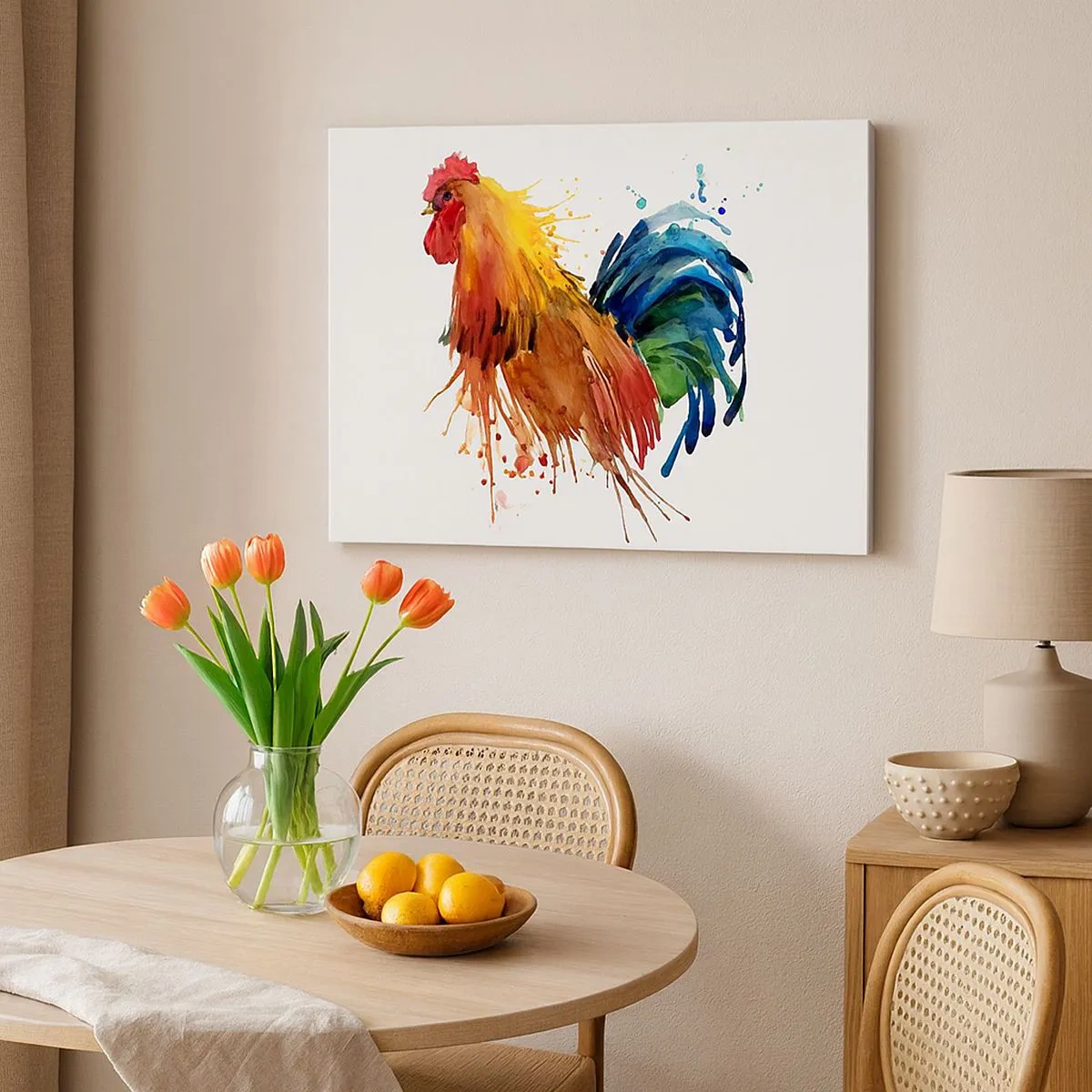 Lærredstryk - Billede på lærred - Farverig hane i akvarelstil - 70x50cm - Kongelig kappe, kongelig stolthed - Moderne vægdekoration til stue og soveværelse ARTTOR