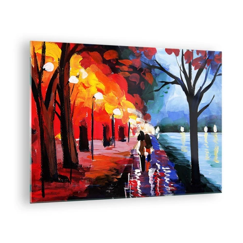 Billede på glas - Et par går tur i en farverig park om aftenen - 70x50cm - Flammende efterår i parken - Moderne vægdekoration til stue og soveværelse ARTTOR
