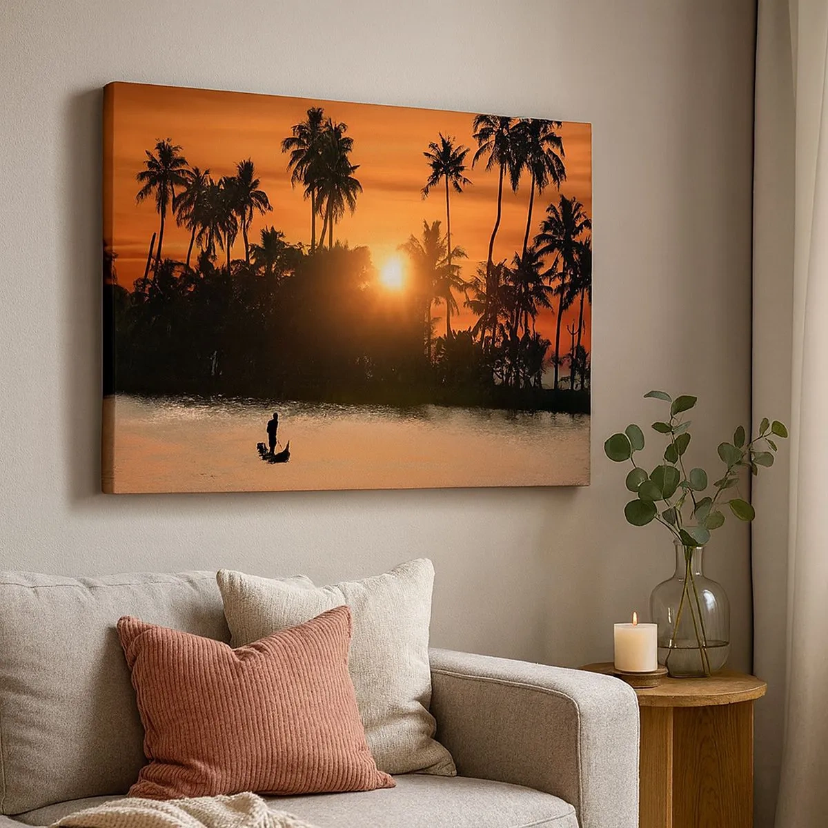 Lærredstryk - Billede på lærred - Solnedgang over palmer og en rolig sø med en båd - 70x50cm - Tid til at slappe af - Moderne vægdekoration til stue og soveværelse ARTTOR