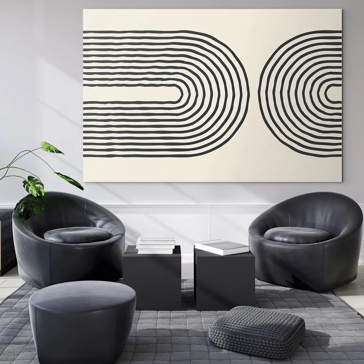 Billede på glas - Et abstrakt maleri i sort-hvid, der forestiller bueformede linjer. - 70x50cm - Kommer snart... - Moderne vægdekoration til stue og soveværelse ARTTOR