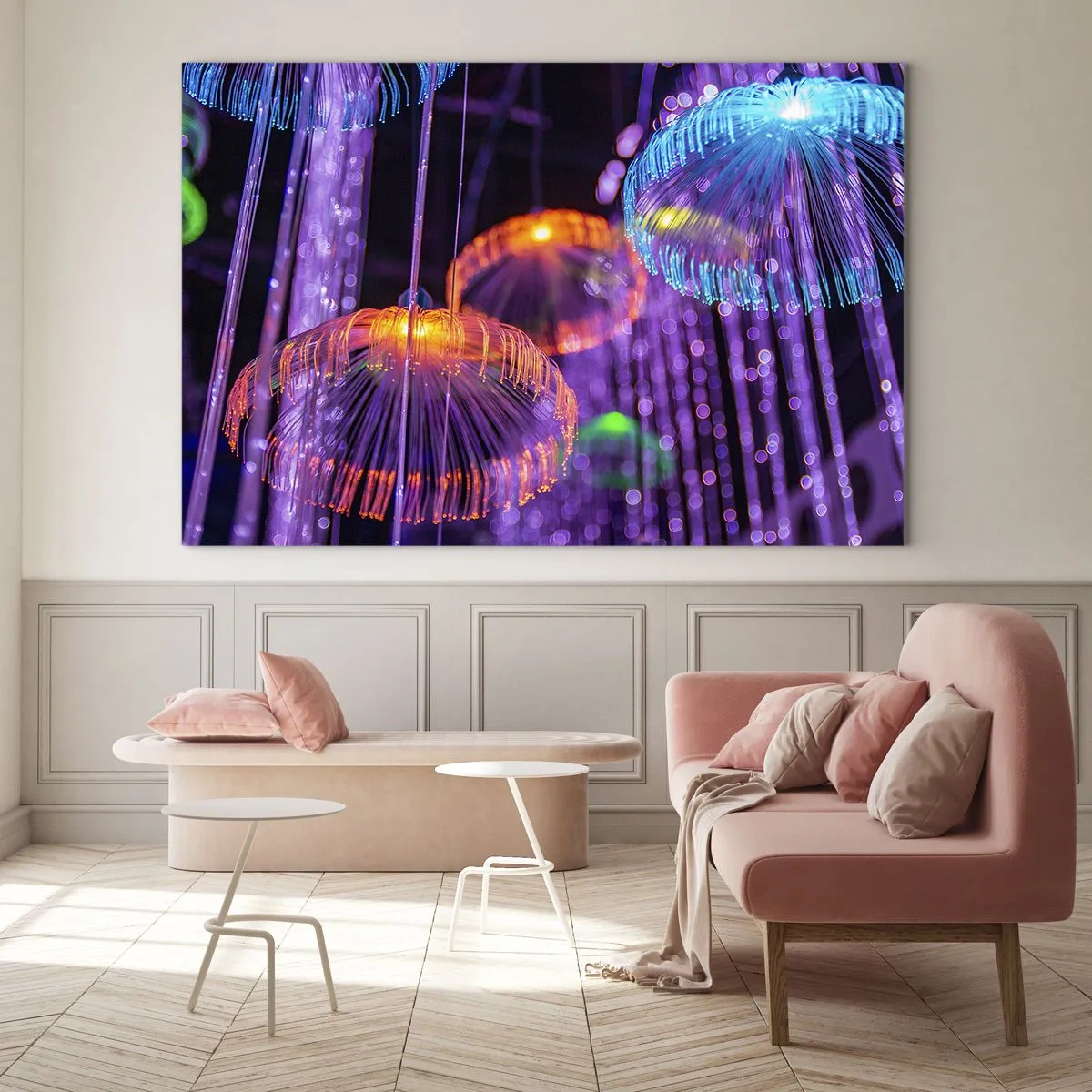 Billede på glas - Farverige lysstrukturer, der ligner vandmænd - 70x50cm - Lysende springvand - Moderne vægdekoration til stue og soveværelse ARTTOR