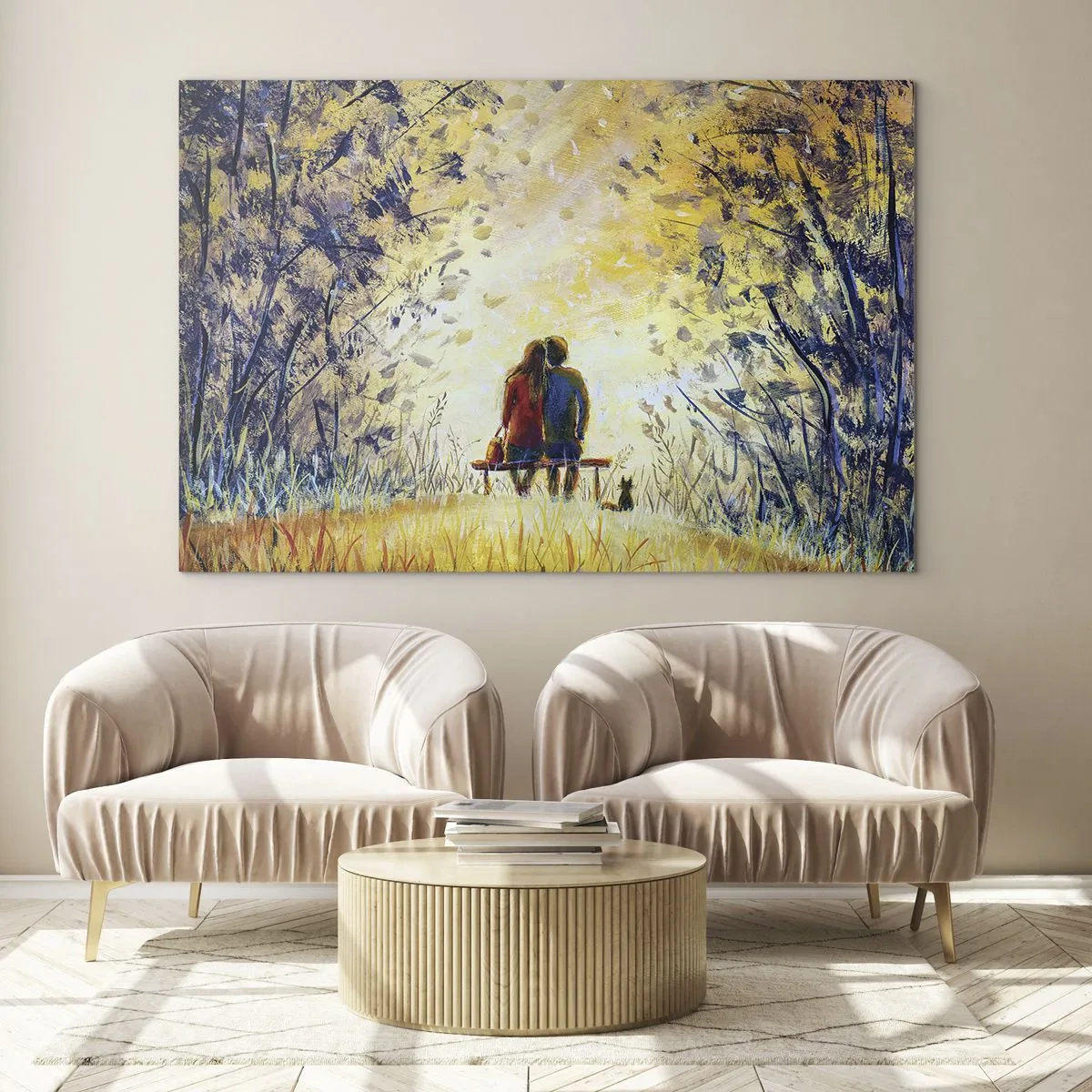 Billede på glas - Et par på en bænk i et magisk øjeblik - 70x50cm - Et magisk øjeblik - Moderne vægdekoration til stue og soveværelse ARTTOR