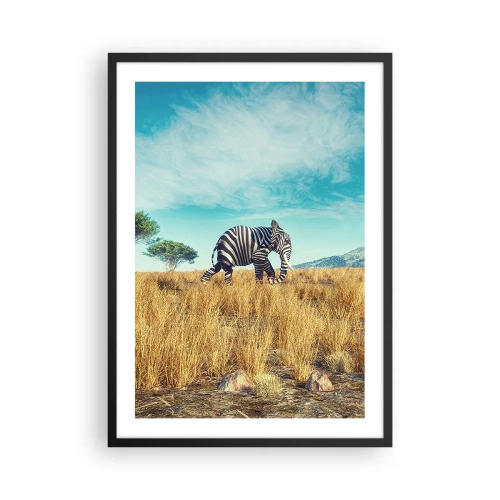 Plakat i sort ramme - En zebra med en elefantkrop mod en baggrund af den afrikanske savanne - 50x70cm - Grå er ikke længere på mode - Moderne vægdekoration til stue og soveværelse ARTTOR