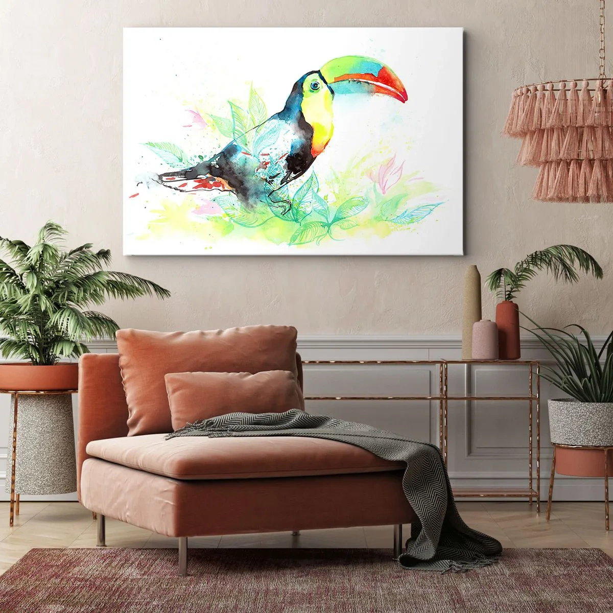 Lærredstryk - Billede på lærred - Akvarel illustration af en tukan på en tropisk baggrund - 70x50cm - Farverig som Sydamerika - Moderne vægdekoration til stue og soveværelse ARTTOR