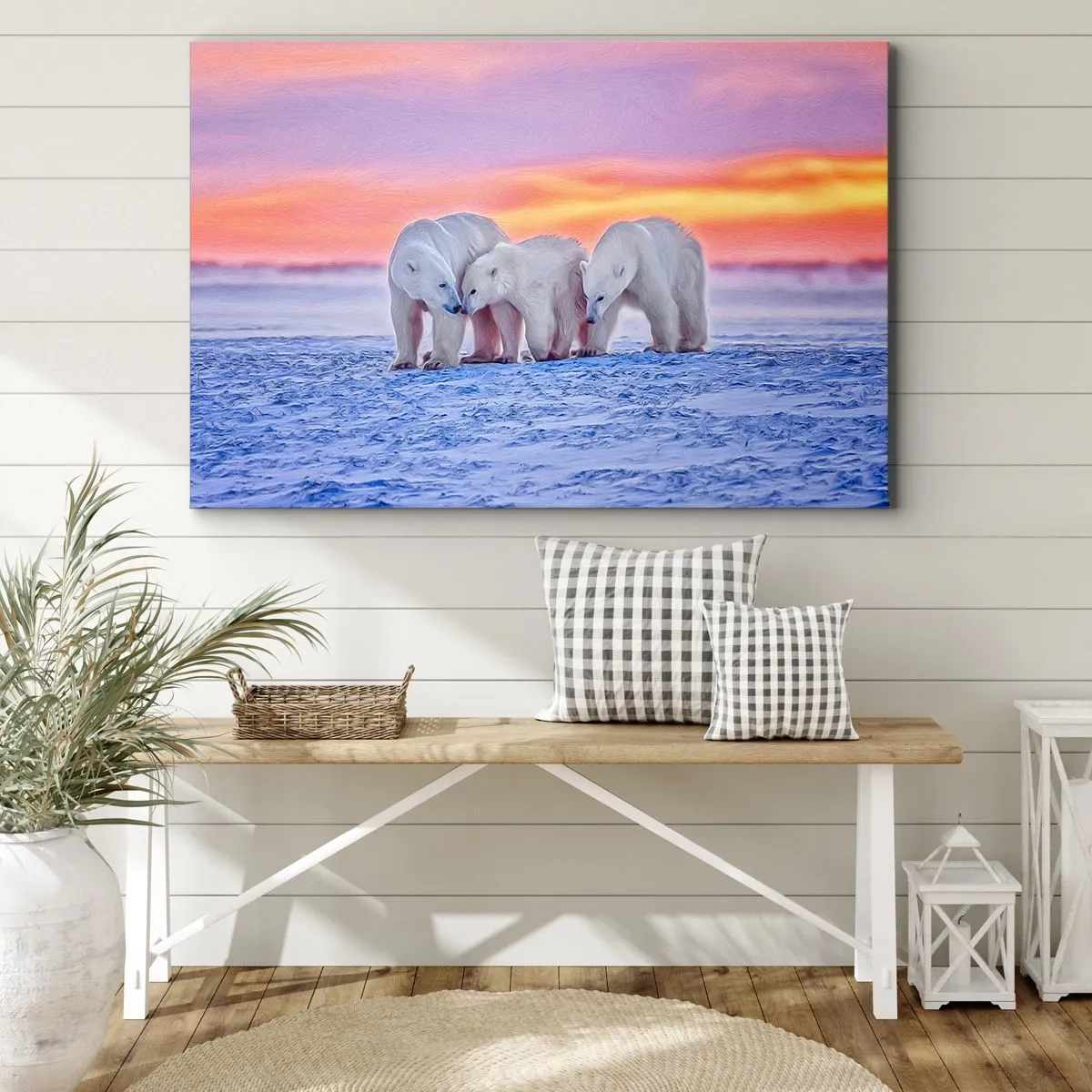 Lærredstryk - Billede på lærred - Tre isbjørne mod en arktisk solnedgangs baggrund - 70x50cm - Familievarme er nok - Moderne vægdekoration til stue og soveværelse ARTTOR