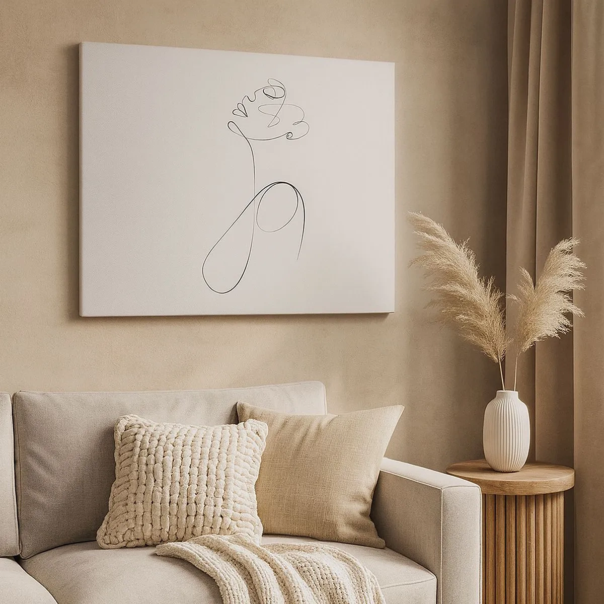 Lærredstryk - Billede på lærred - Minimalistisk stregtegning af ansigt på hvid baggrund - 70x50cm - Sløjfet i drømme - Moderne vægdekoration til stue og soveværelse ARTTOR