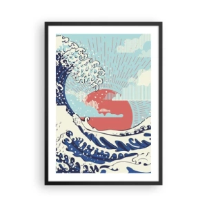 Plakat i sort ramme - Japansk-inspireret grafisk bølge med en rød sol - 50x70cm - Fra japanske inspirationer - Moderne vægdekoration til stue og soveværelse ARTTOR