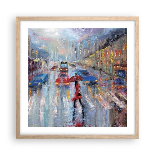 Plakat i ramme af lyst egetræ - Regnfuld eftermiddag i byen - 50x50 cm