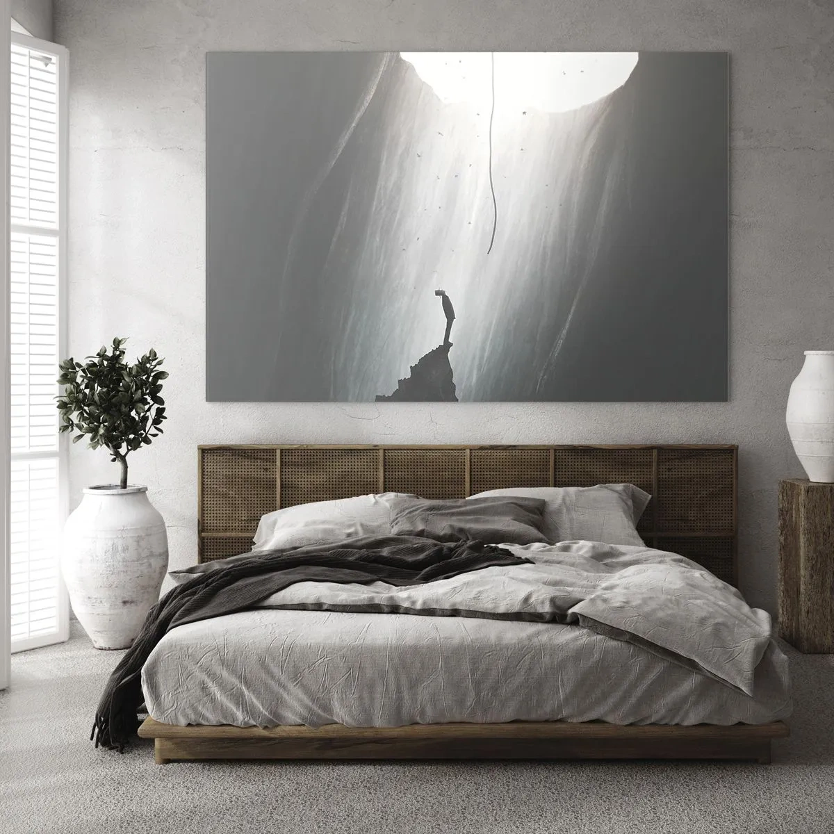 Billede på glas - En mand stående i mørket ved foden af en lysende udgang over en afgrund - 70x50cm - Der er altid en vej ud - Moderne vægdekoration til stue og soveværelse ARTTOR