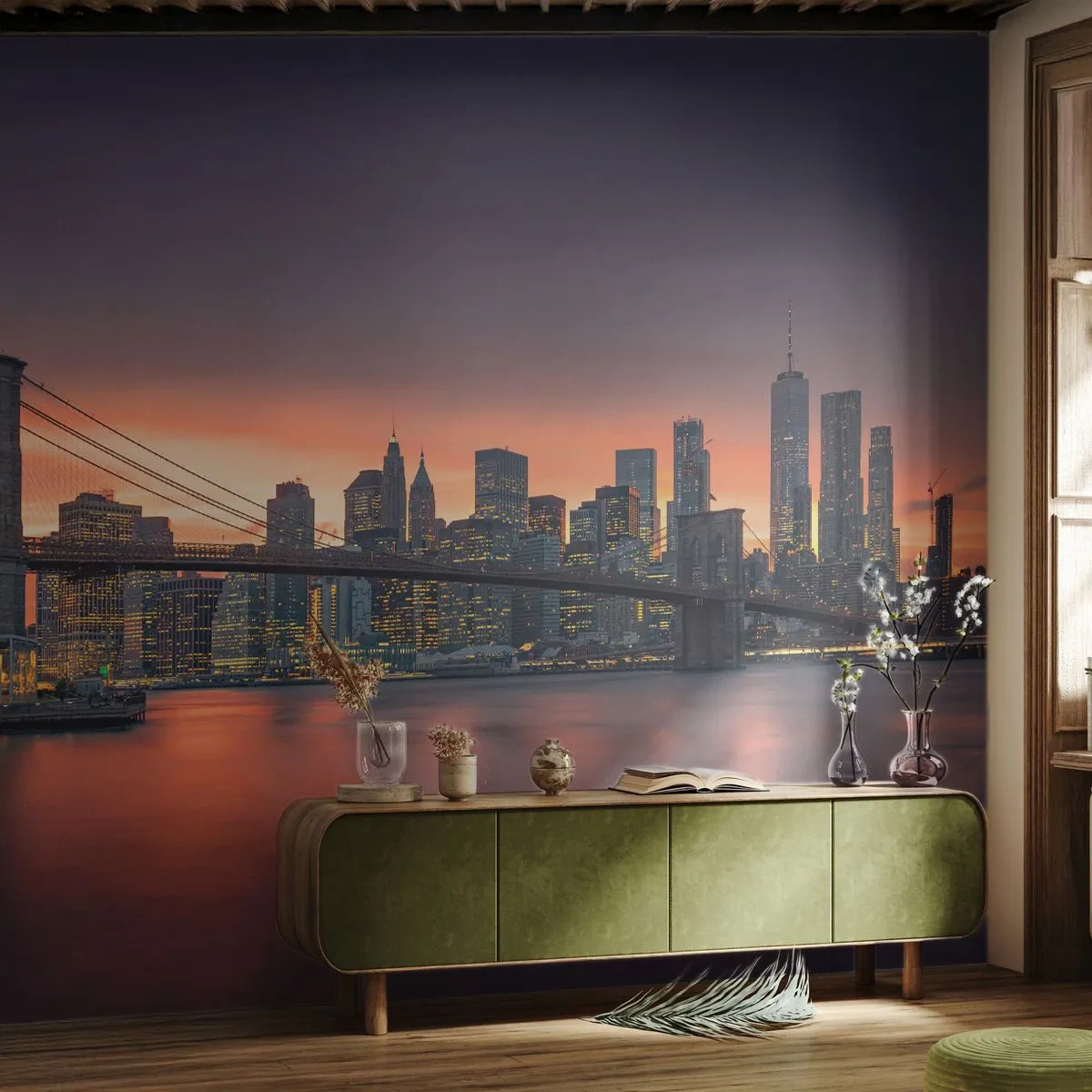 Fototapet Premium Sand - Sænket i lilla stilhed - New York, By, Brooklyn Bridge - 100x70 cm
