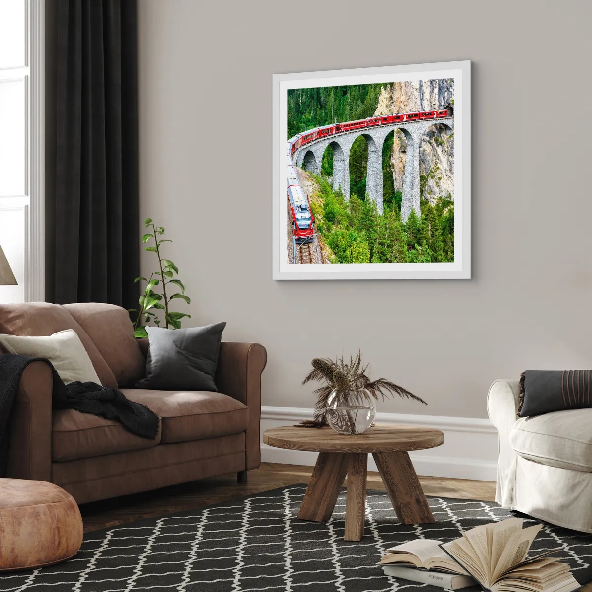 Plakat i hvid ramme - Udsigt over bjergene til gengæld - 60x60 cm