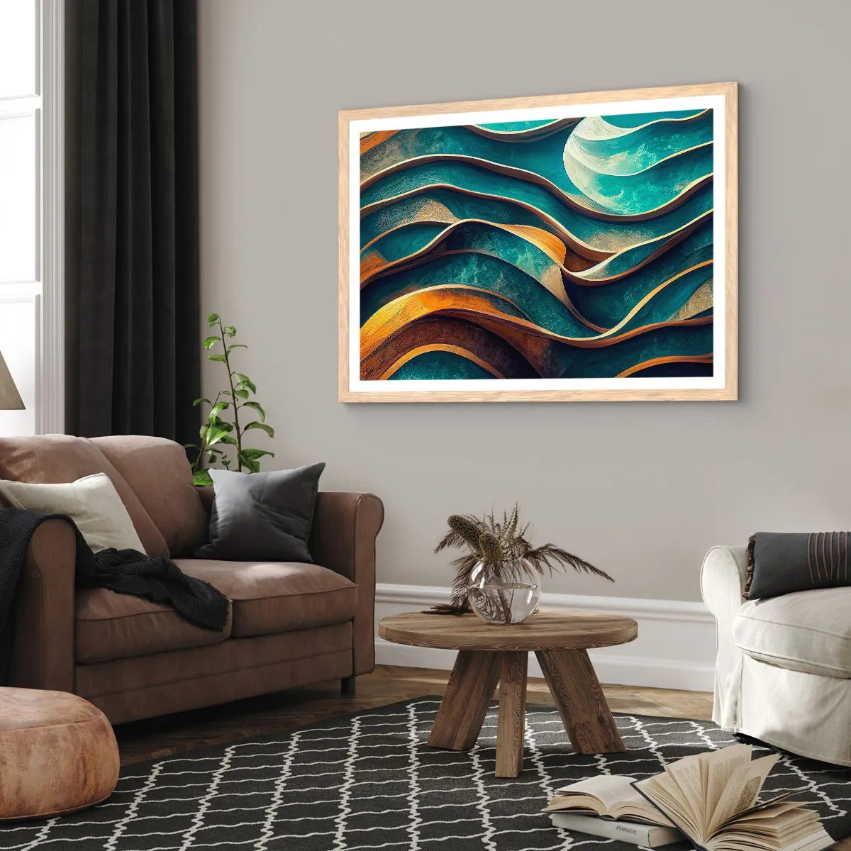 Plakat i ramme af lyst egetræ - Slyngninger af blåt - 50x40 cm