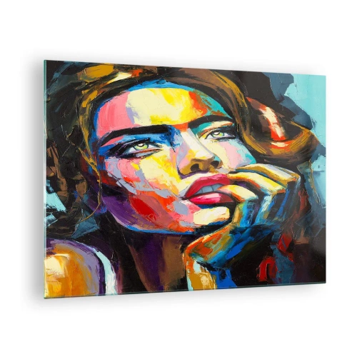Billede på glas - Portræt af en kvinde i intense abstrakte farver - 70x50cm - Drømme som fugle svæver gennem himlen - Moderne vægdekoration til stue og soveværelse ARTTOR