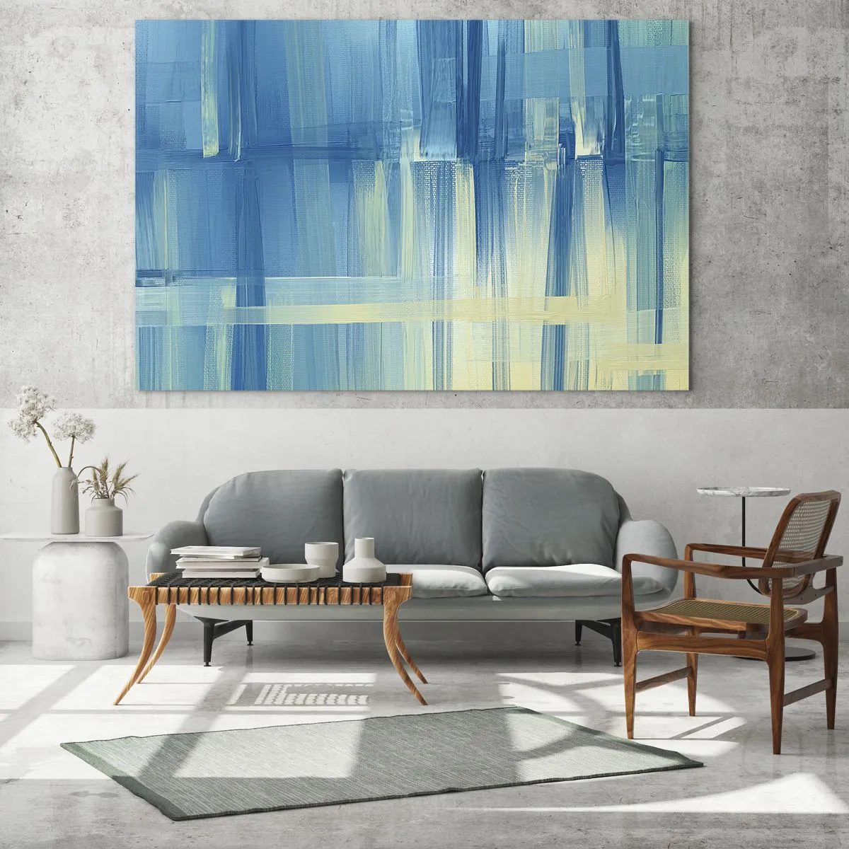 Billede på glas - Abstrakte penselstrøg i turkis og gul - 70x50cm - Komposition i turkis - Moderne vægdekoration til stue og soveværelse ARTTOR