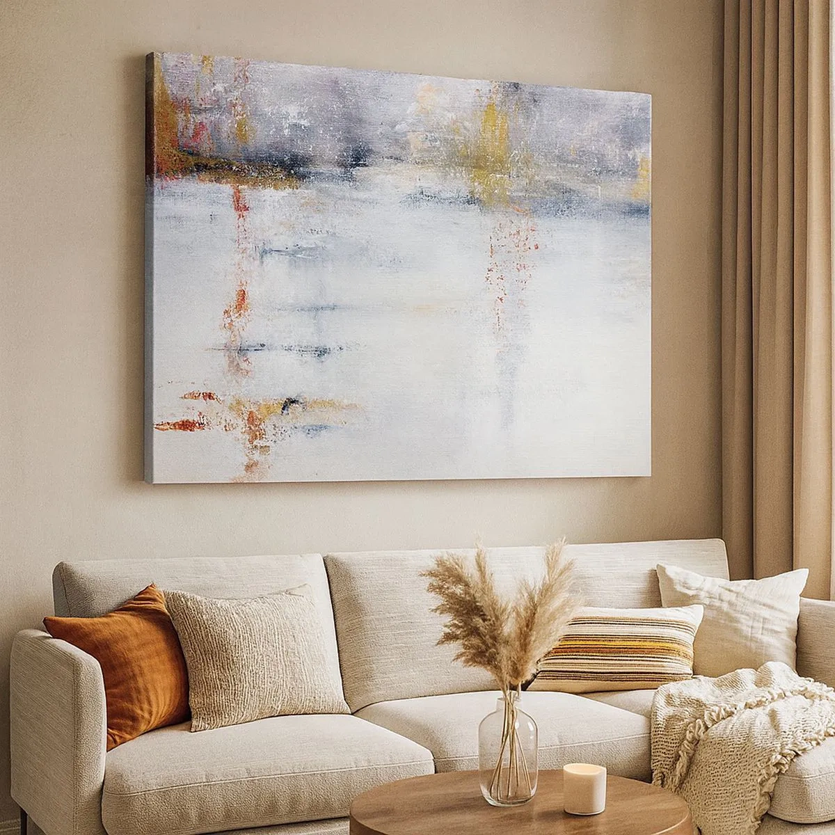 Lærredstryk - Billede på lærred - Et abstrakt landskab med slørede accenter af gråt og guld. - 70x50cm - Bag lufttæppet - Moderne vægdekoration til stue og soveværelse ARTTOR