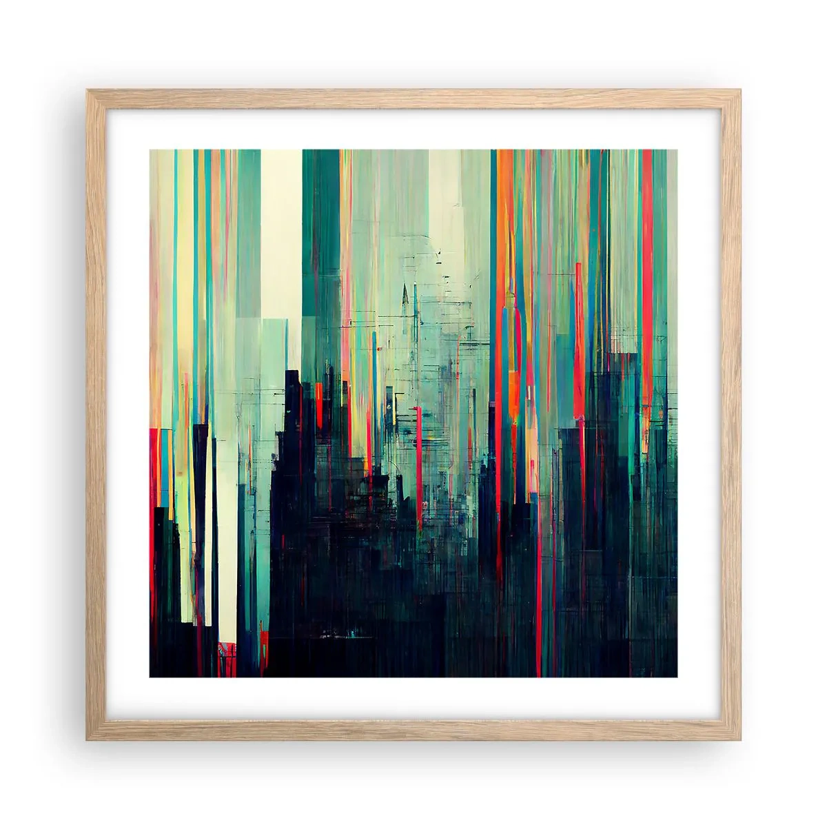 Plakat i ramme af lyst egetræ - Futuristisk by - 50x50 cm